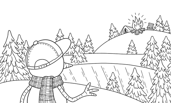 Coloring page: Snowboy, seen from behind, pointing across the frozen pond at a campfire on the far hill.