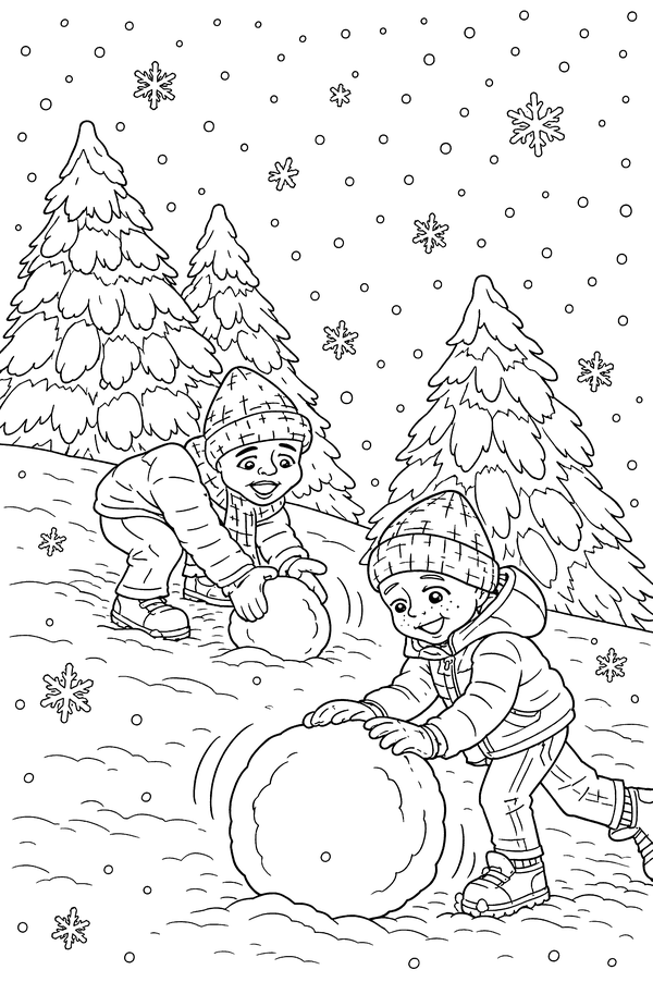 Coloring page: two children rolling big snowballs between the pine trees.