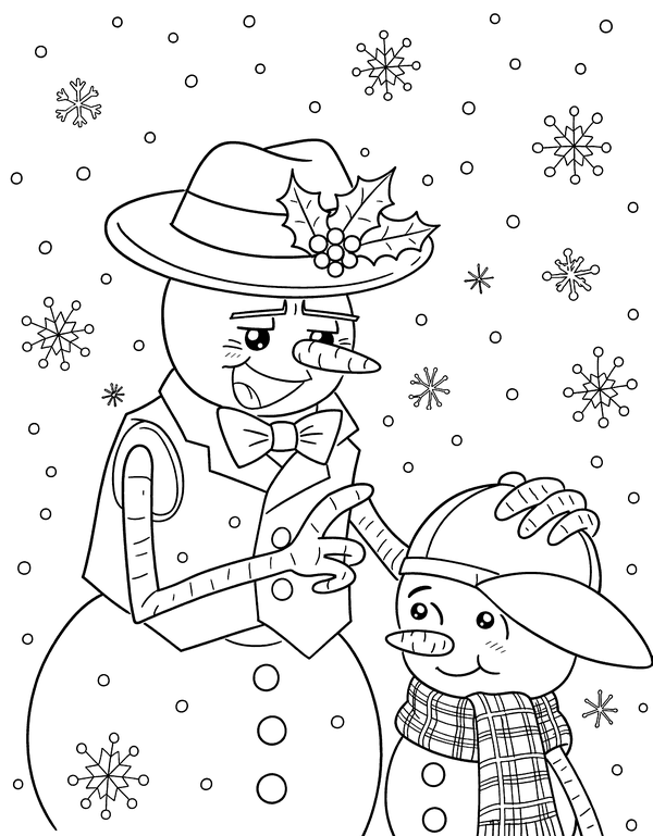 Coloring page: Daddy Snowman resting his hand on Snowboy’s head as the snow falls.