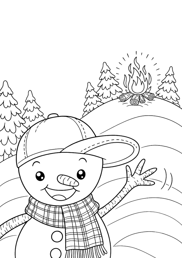 Coloring page: Snowboy waving, with a campfire glowing on the hill behind him.