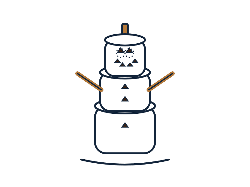 A homemade snowman made of three stacked marshmallows with pretzel arms and chocolate chip eyes.