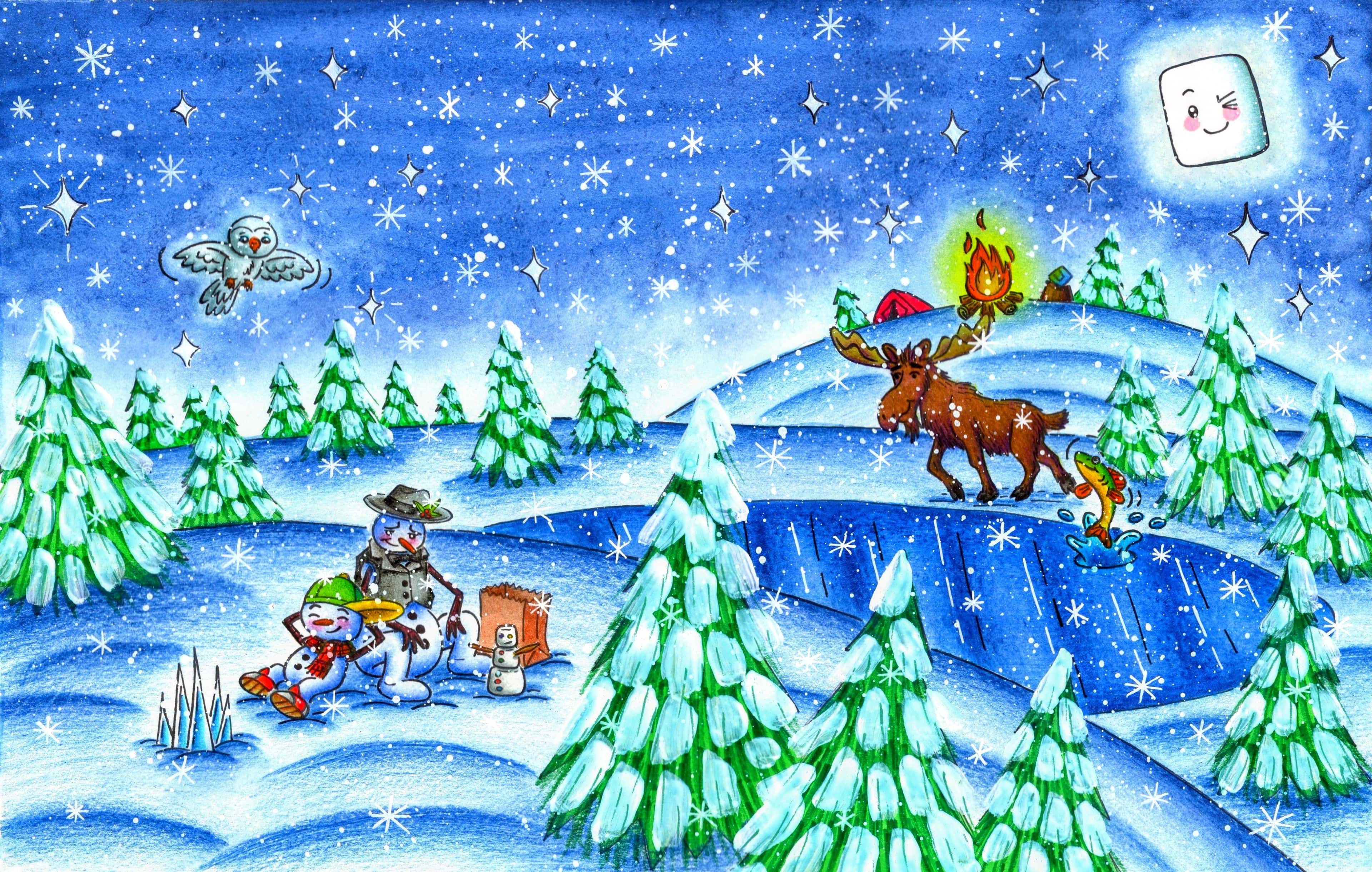 A snowy night in Snowville: snowmen gathered beside a frozen pond under falling snow and bright stars, with a moose carrying a campfire over the far hill.