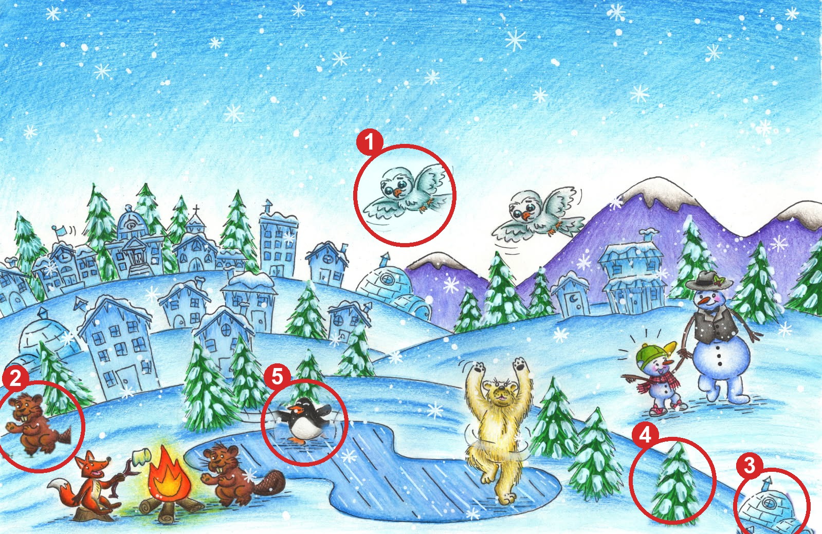 Picture 2 with the 5 differences circled and numbered.