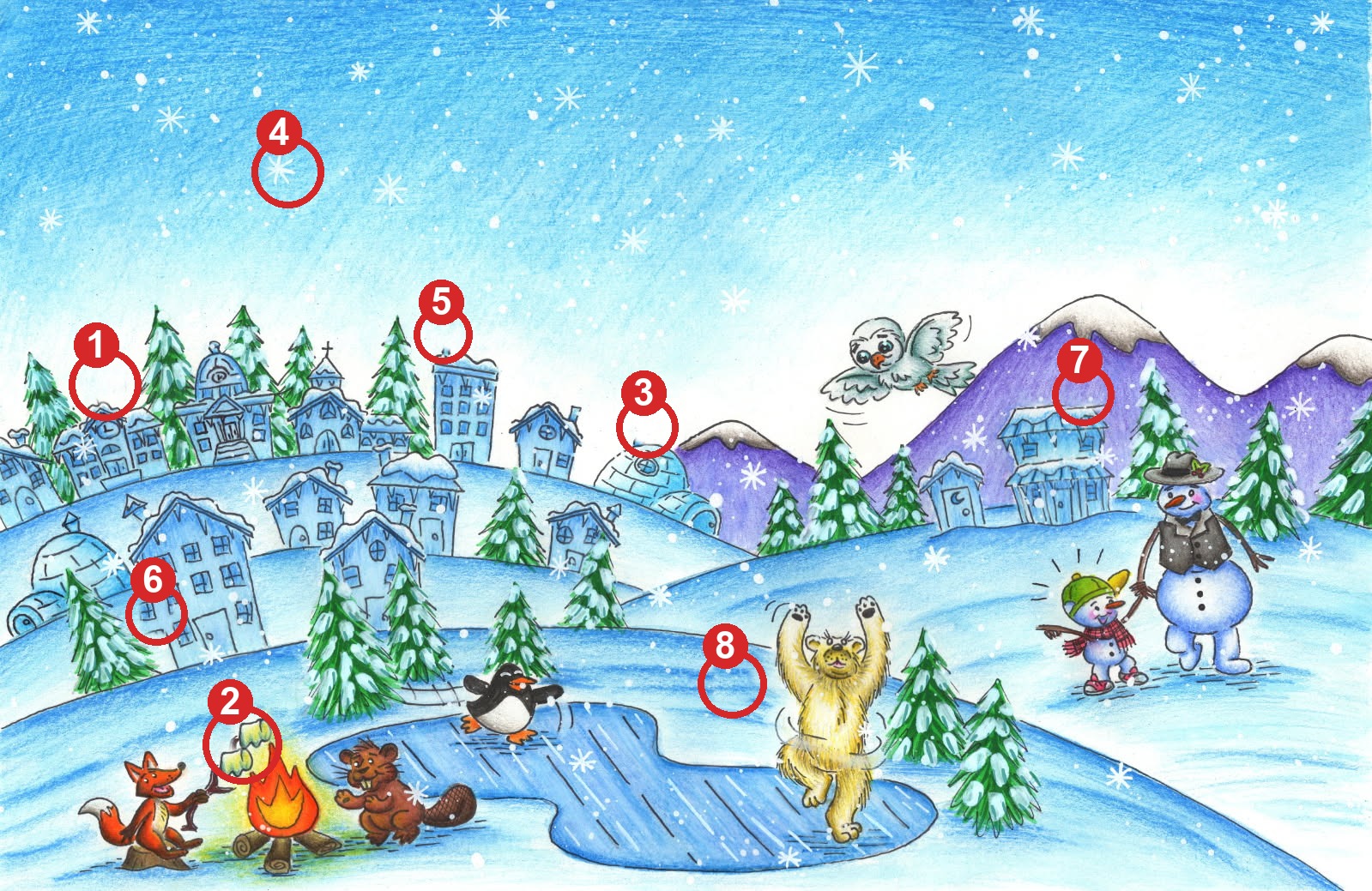 Picture 2 with the 8 differences circled and numbered.