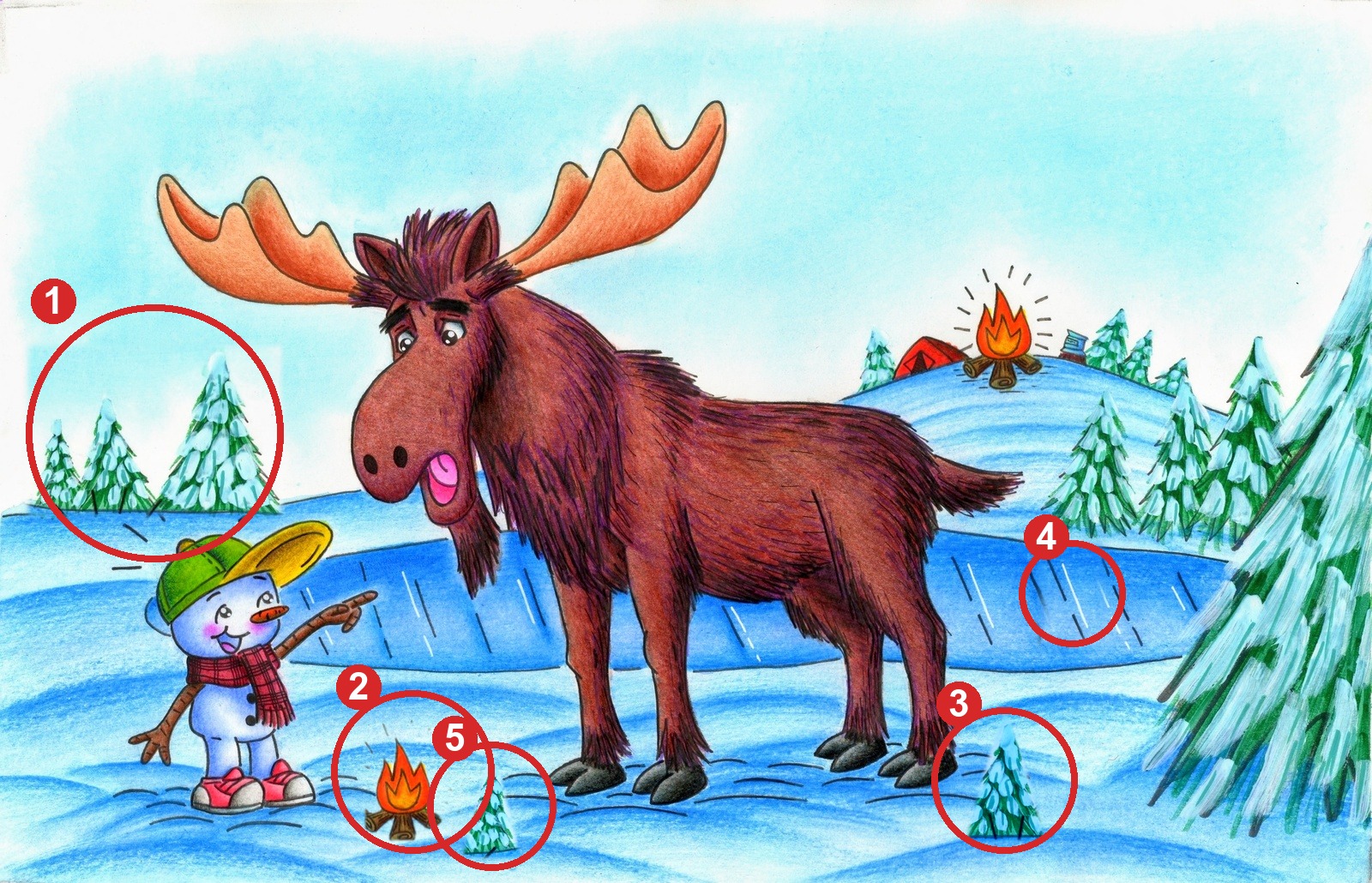 Picture 2 with the 5 differences circled and numbered.