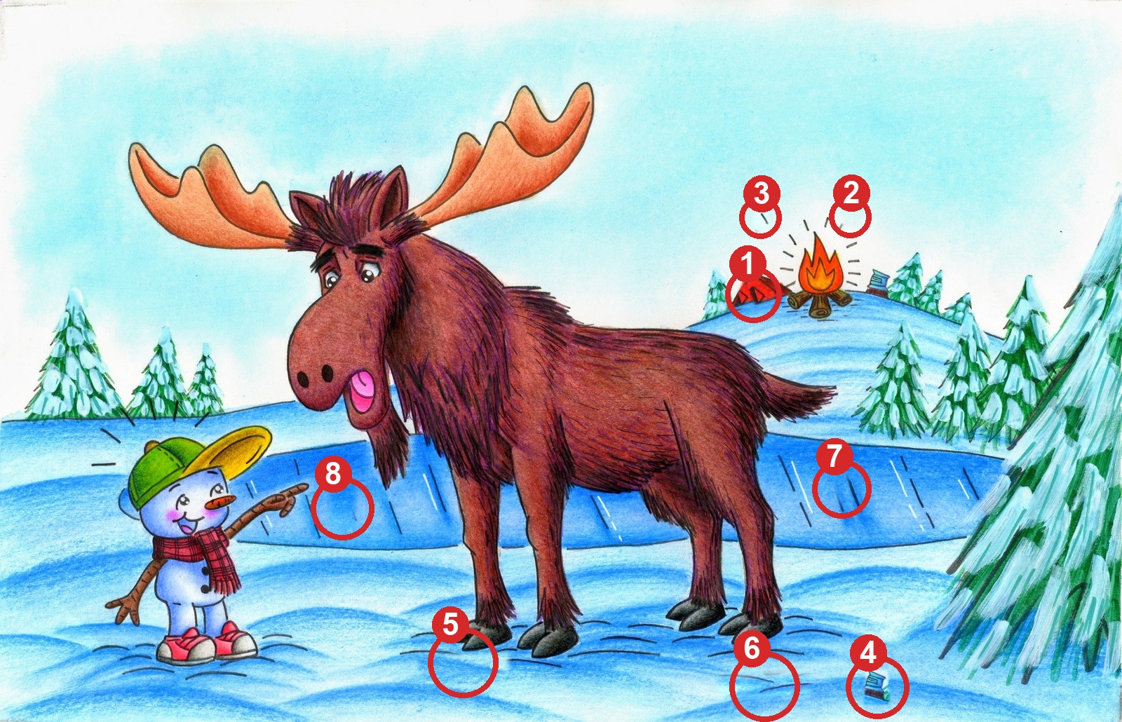 Picture 2 with the 8 differences circled and numbered.