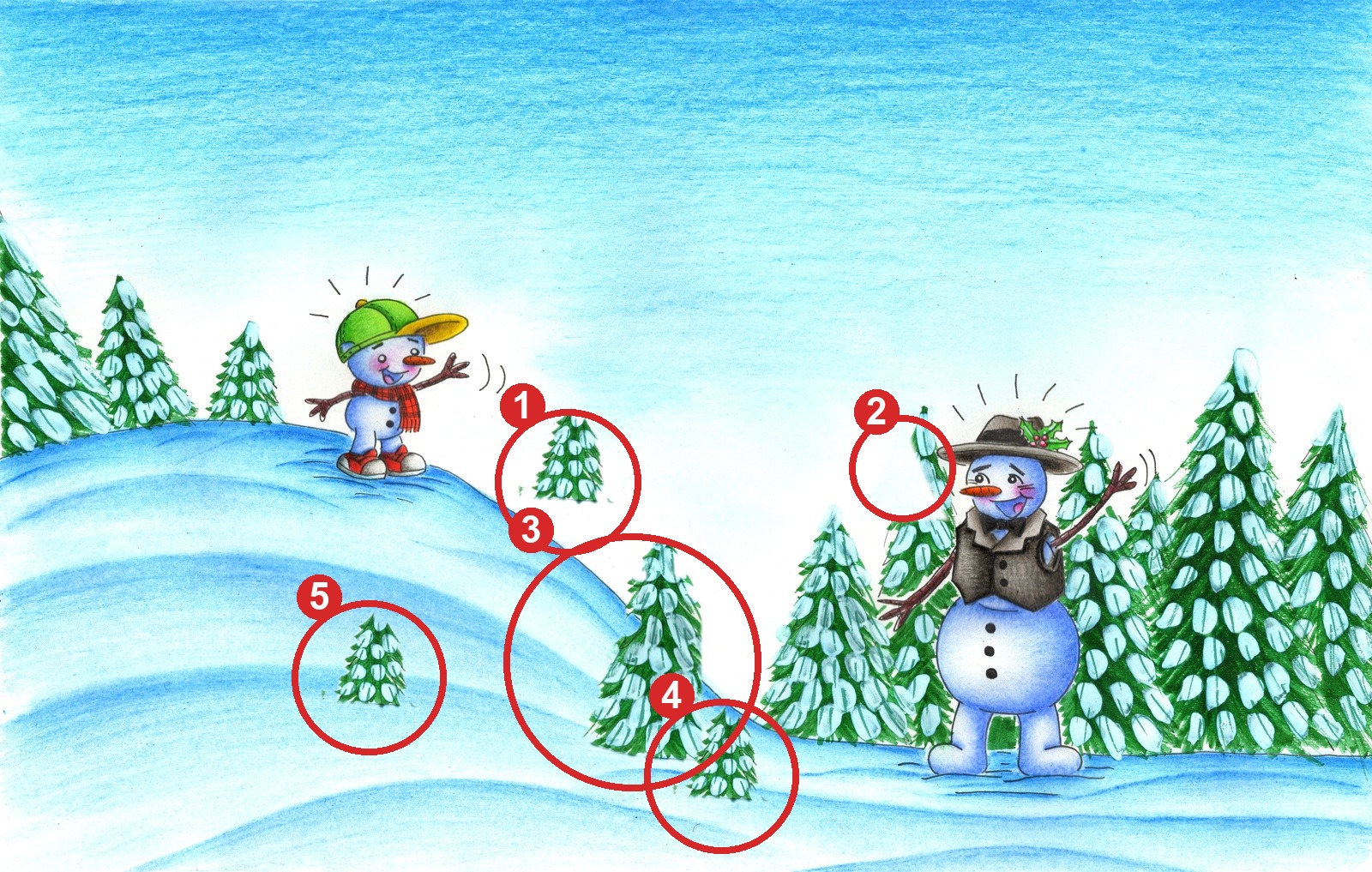 Picture 2 with the 5 differences circled and numbered.