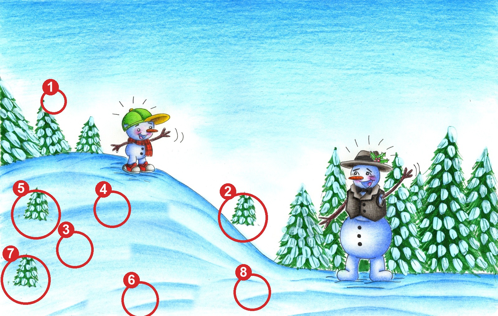 Picture 2 with the 8 differences circled and numbered.